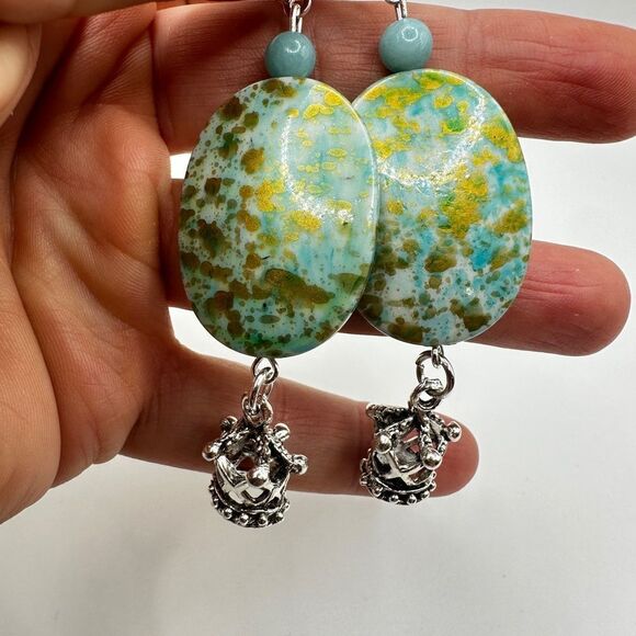 SALE! 3” dangle earrings with painted acrylic beads, stone, and crown charms! - Picture 6 of 13